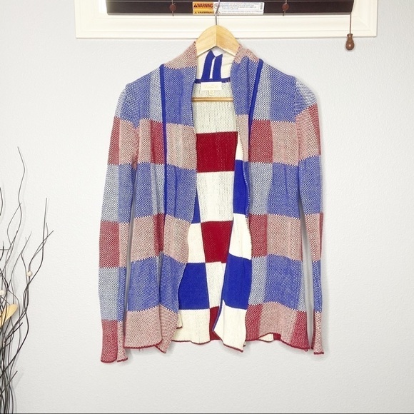 ** ModCloth simply snuggly patchwork red blue cardigan XS - Picture 2 of 10